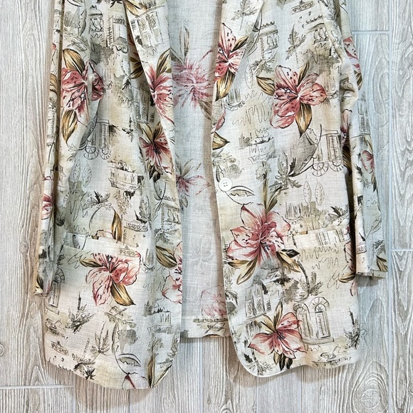 Vintage 90’s Floral Print Neutral Flax Blend Women's Blazer Size Large - Picture 12 of 13